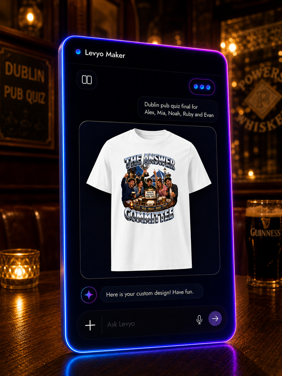 Levyo Maker result screen for pub quiz final t shirts