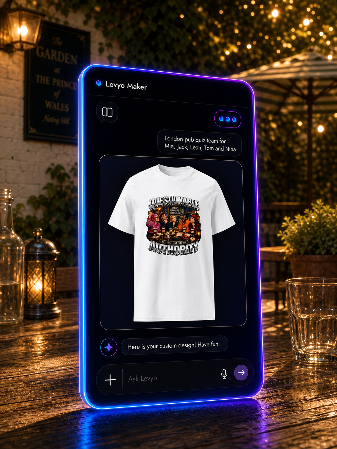 Levyo Maker result screen for pub quiz team t shirts