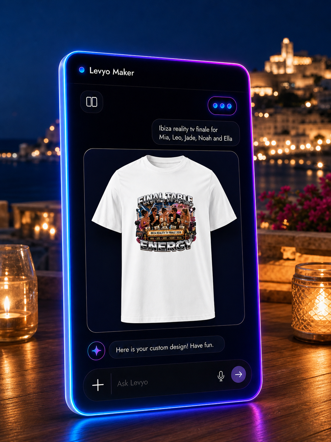 Levyo Maker result screen for reality tv finale t shirts
