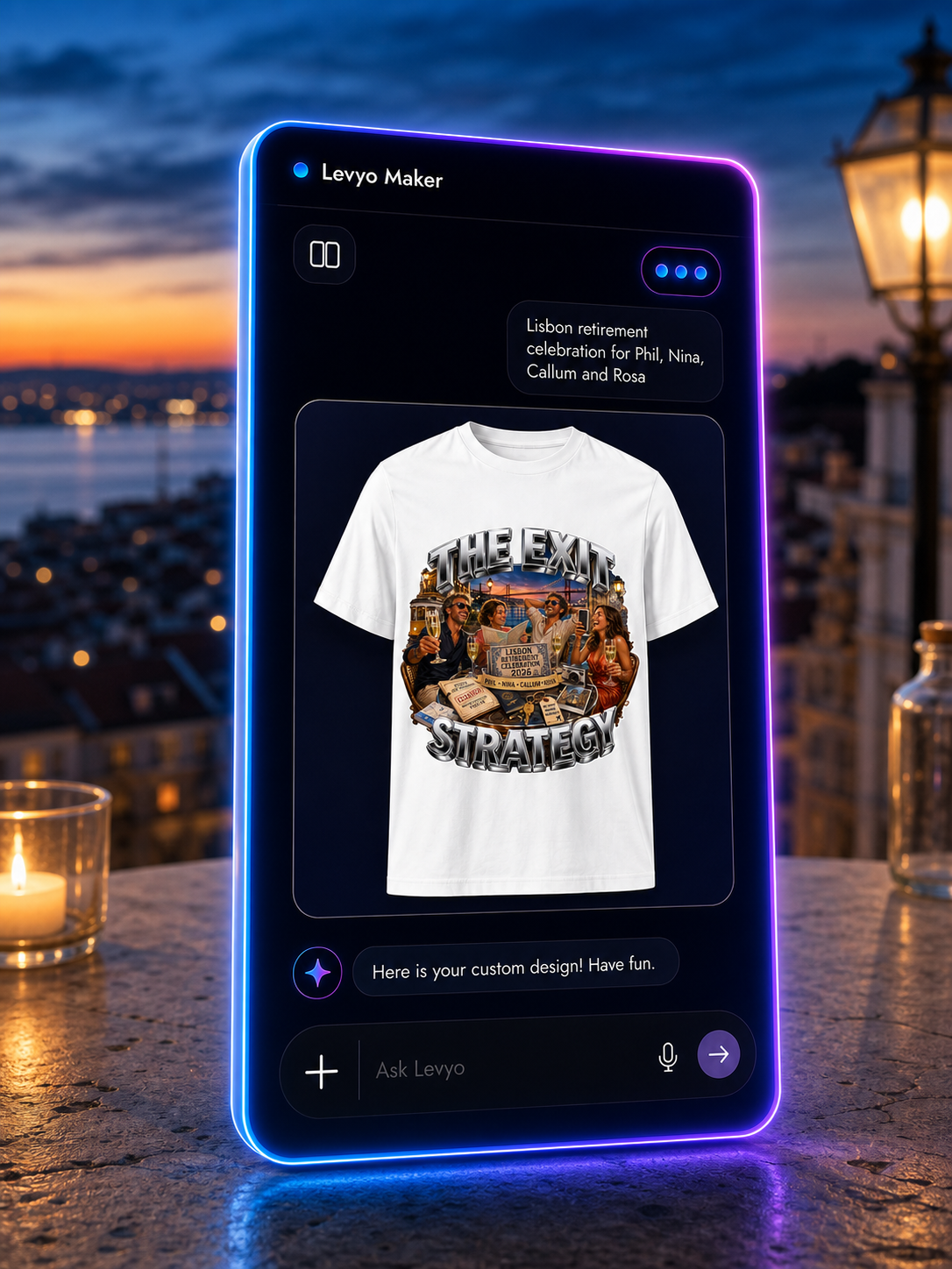Levyo Maker result screen for retirement celebration t shirts