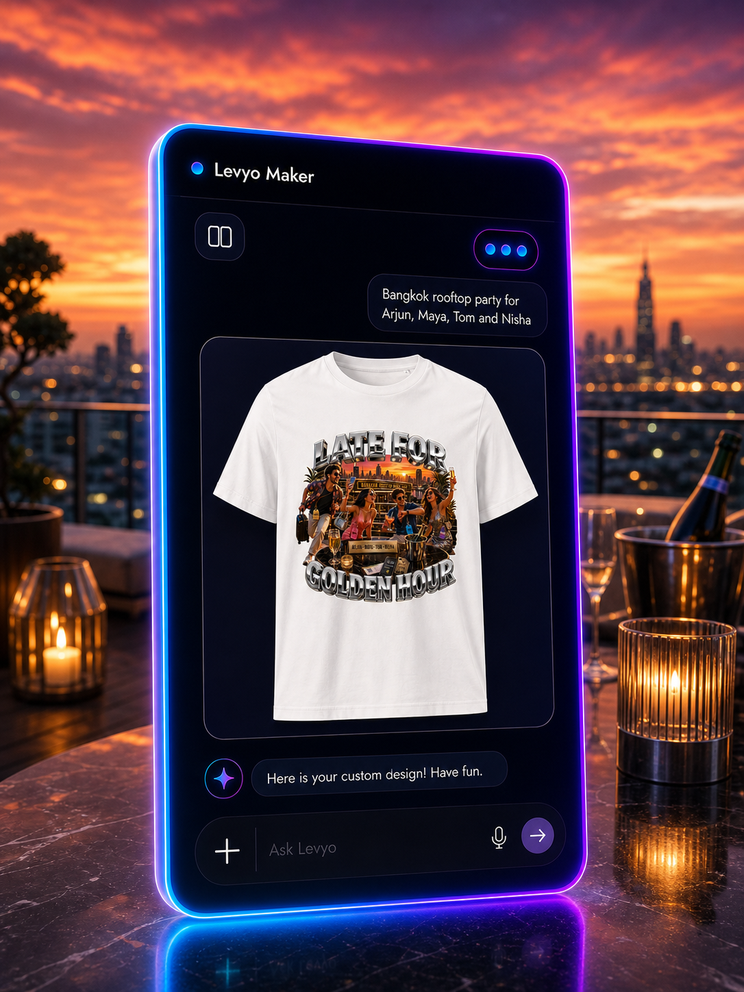 Levyo Maker result screen for rooftop party t shirts