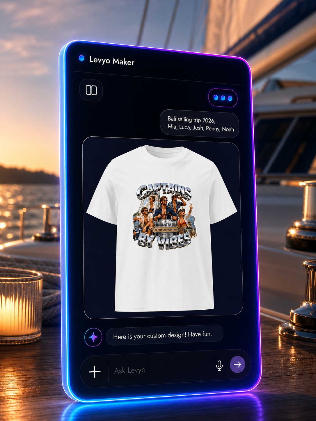 Levyo Maker result screen for sailing trip t shirts