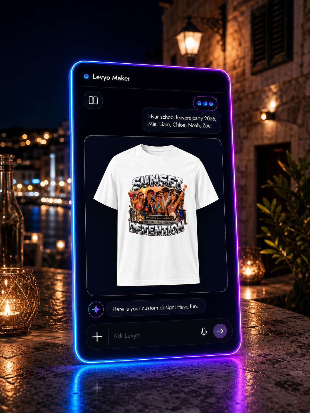 Levyo Maker result screen showing a school leavers party shirt design preview