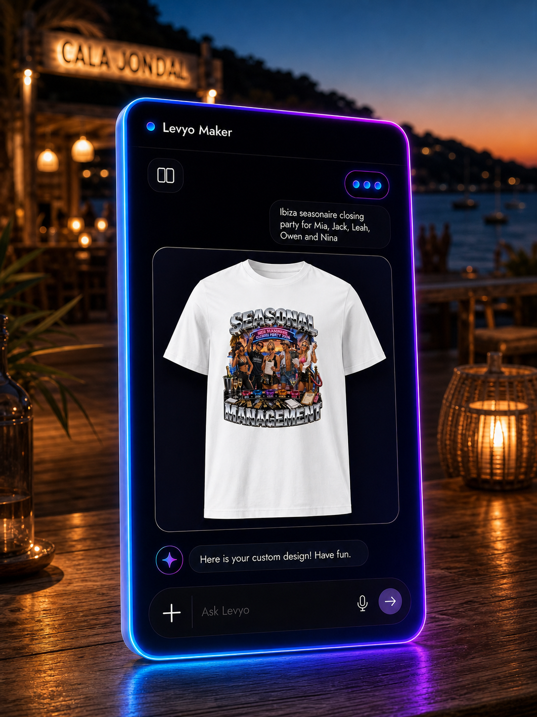Levyo Maker result screen for seasonaire closing party t shirts