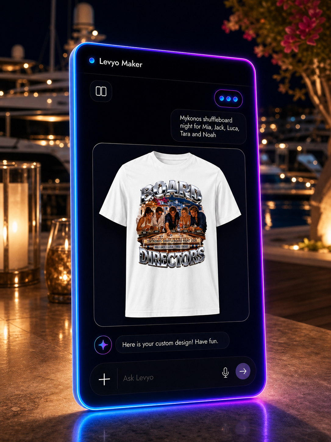 Levyo Maker result screen for shuffleboard night t shirts