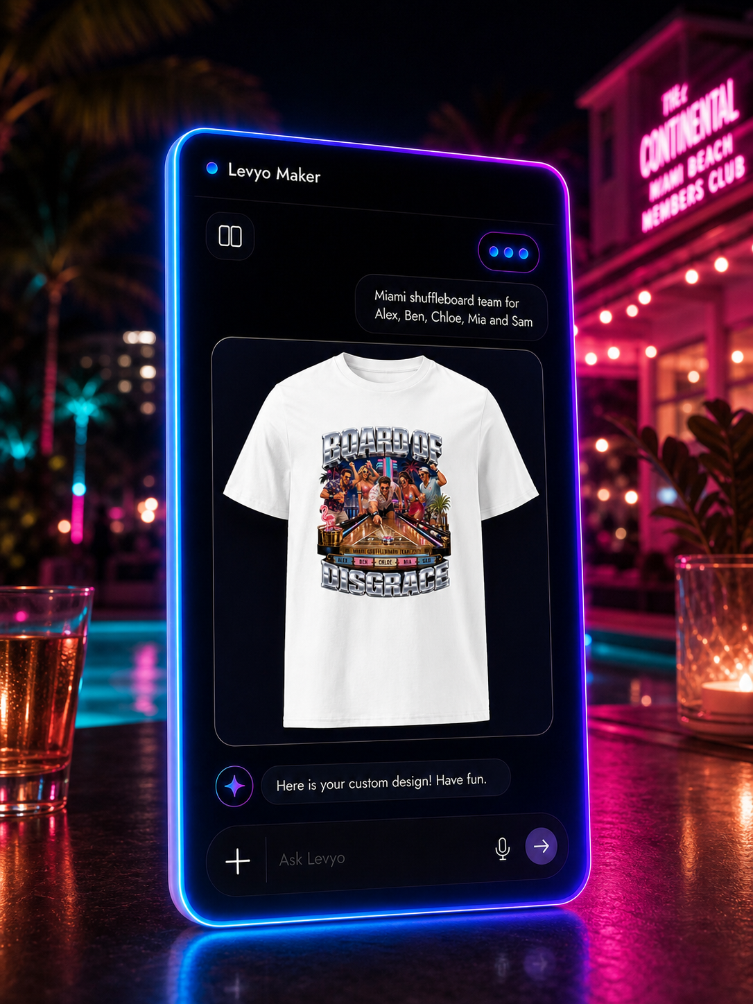 Levyo Maker result screen for shuffleboard team t shirts