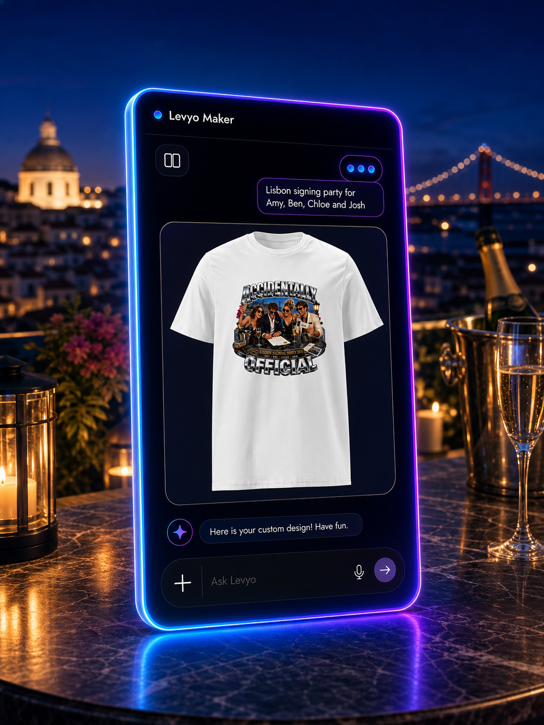 Levyo Maker result screen for signing shirt party t shirts