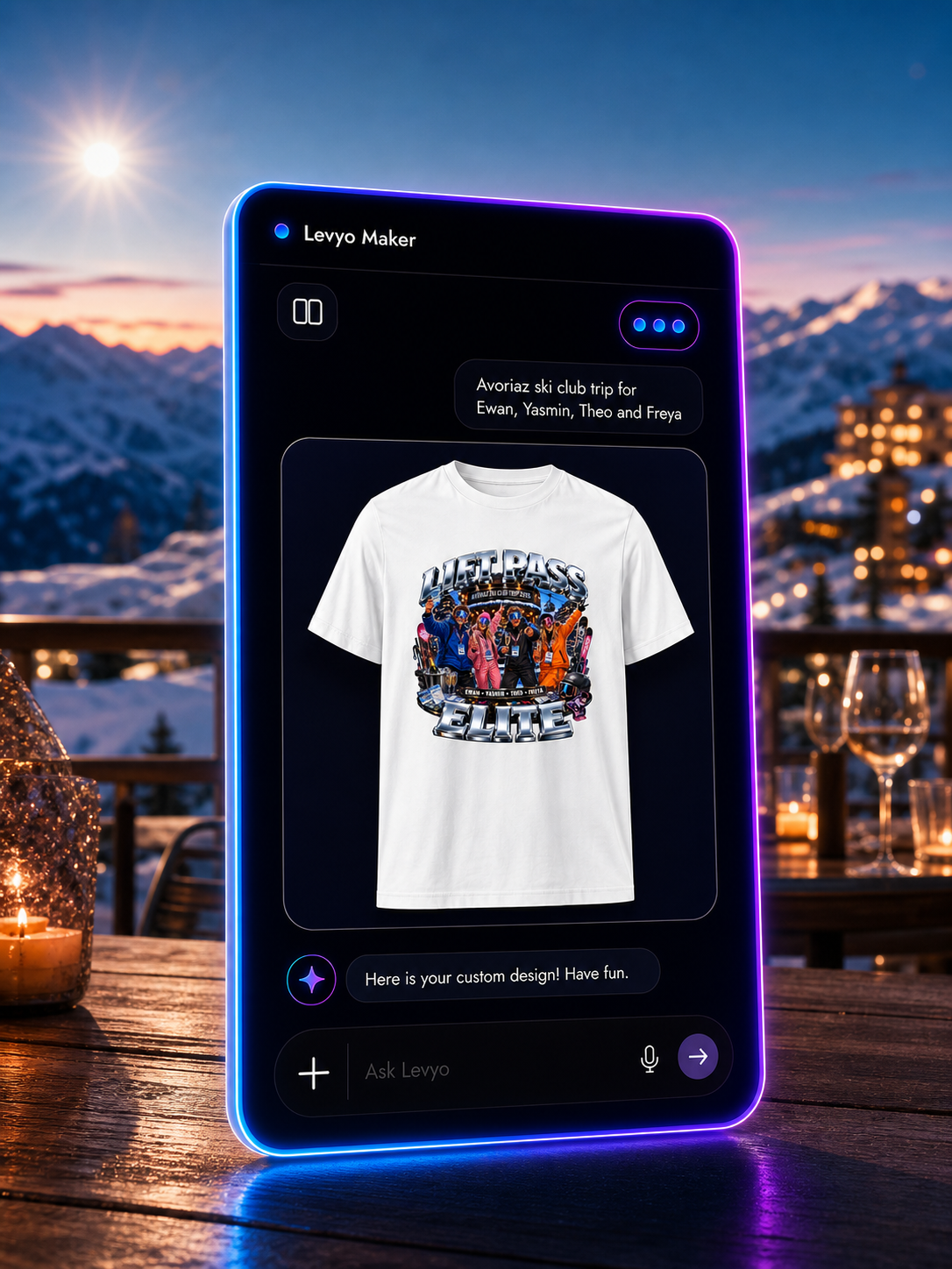 Levyo Maker result screen for ski club trip t shirts