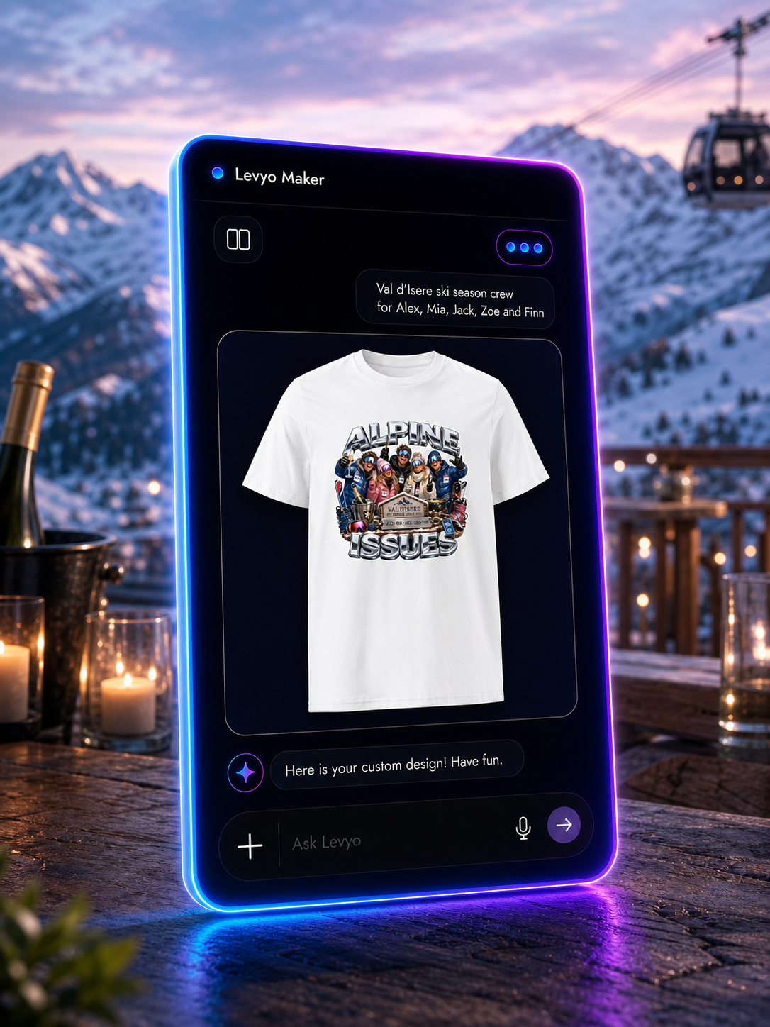 Levyo Maker result screen for ski season crew t shirts