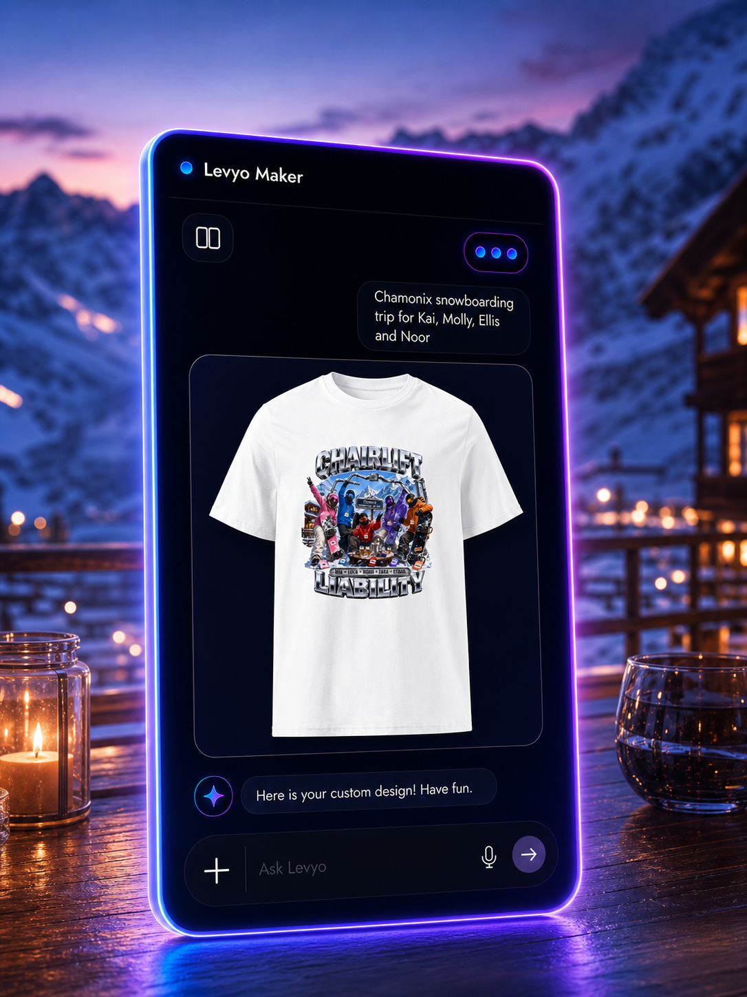 Levyo Maker result screen for snowboarding trip t shirts