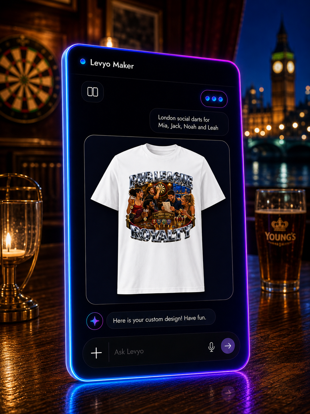 Levyo Maker result screen for social darts t shirts