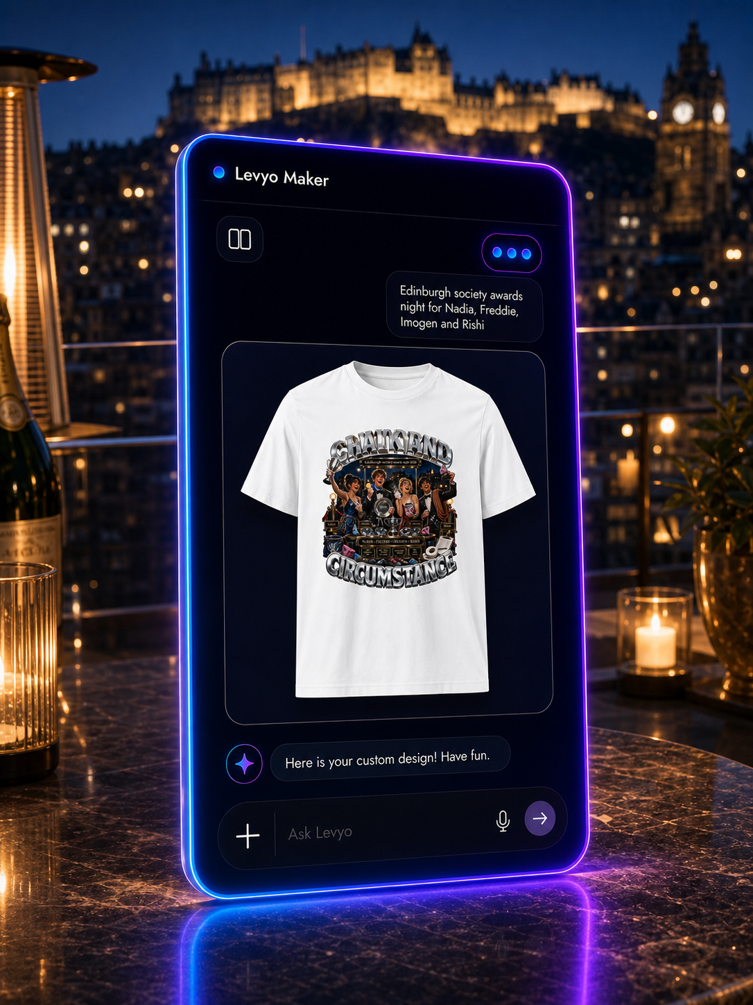 Levyo Maker result screen for society awards night t shirts