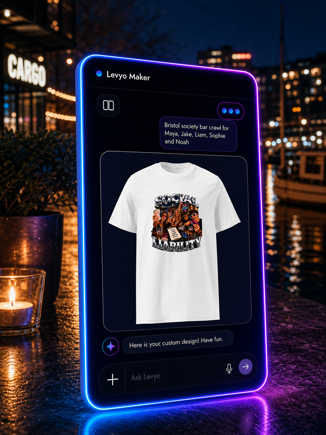 Levyo Maker result screen for society bar crawl t shirts