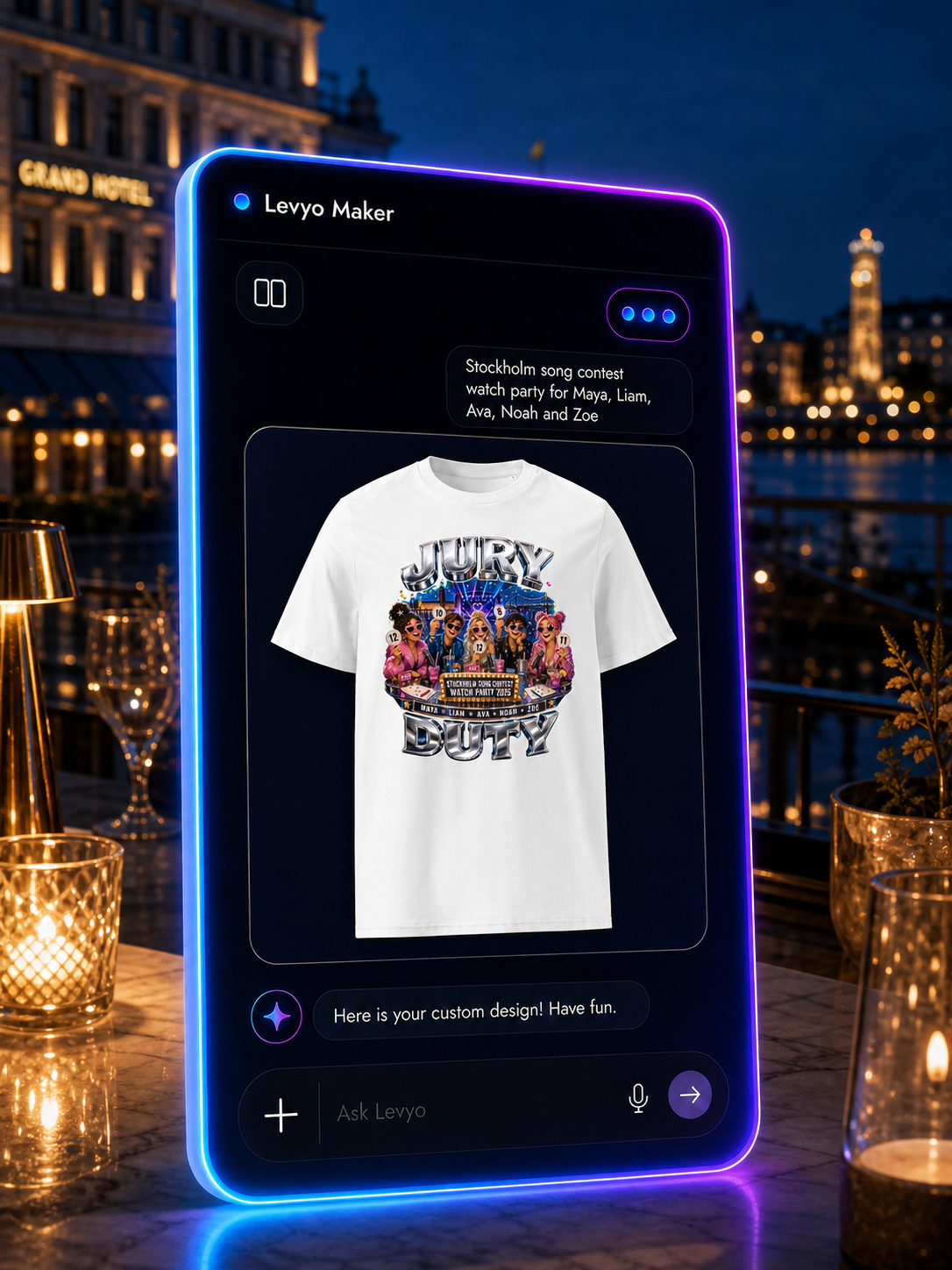 Levyo Maker result screen for song contest watch party t shirts