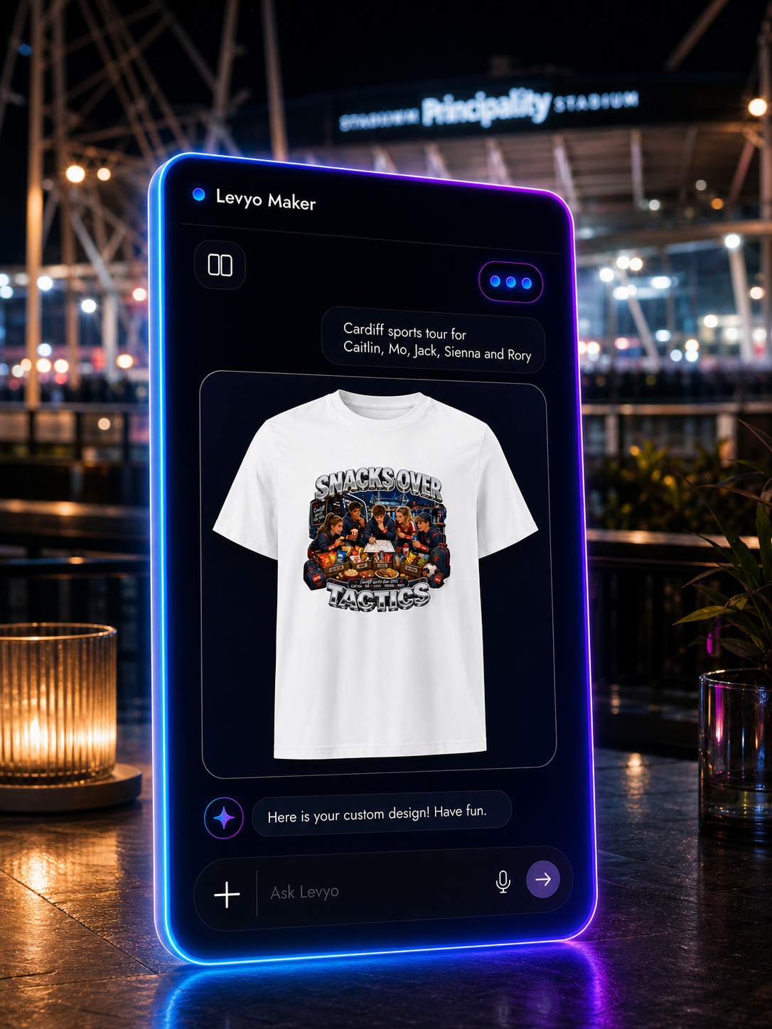 Levyo Maker result screen for sports tour t shirts