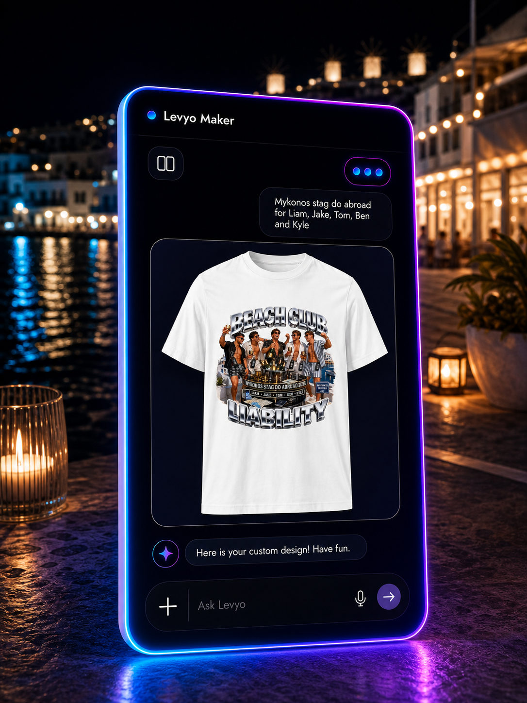 Levyo Maker result screen for stag do abroad t shirts