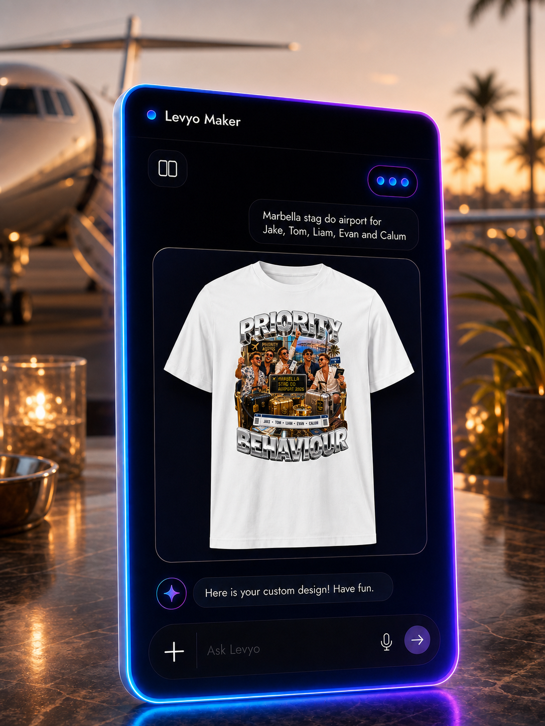 Levyo Maker result screen for stag do airport t shirts