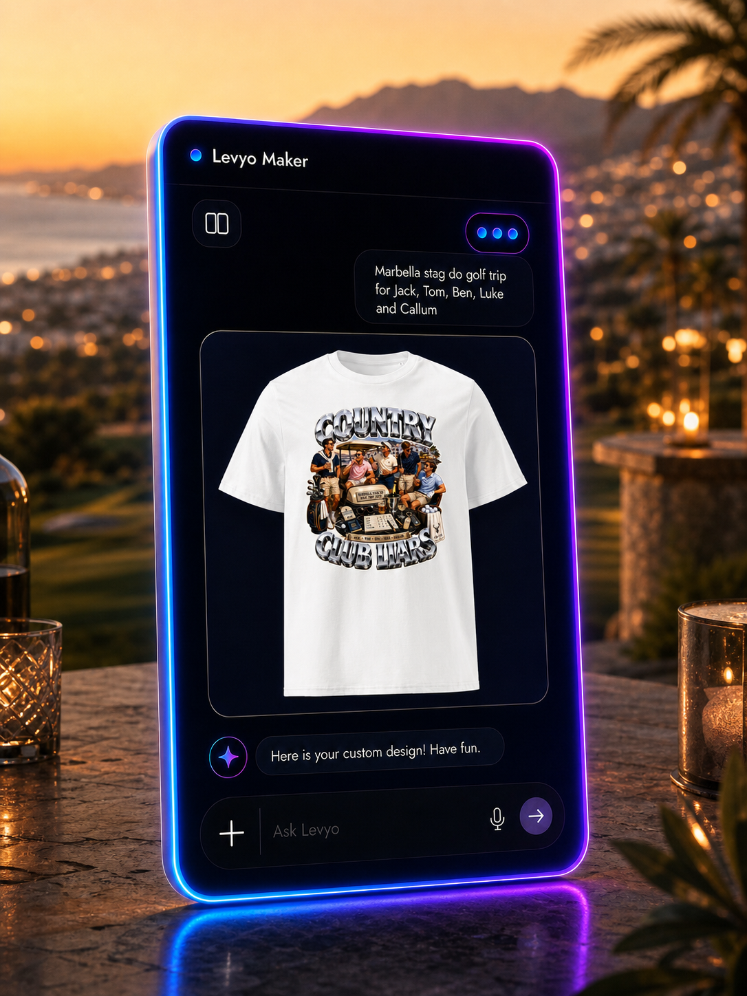Levyo Maker result screen for stag do golf trip t shirts