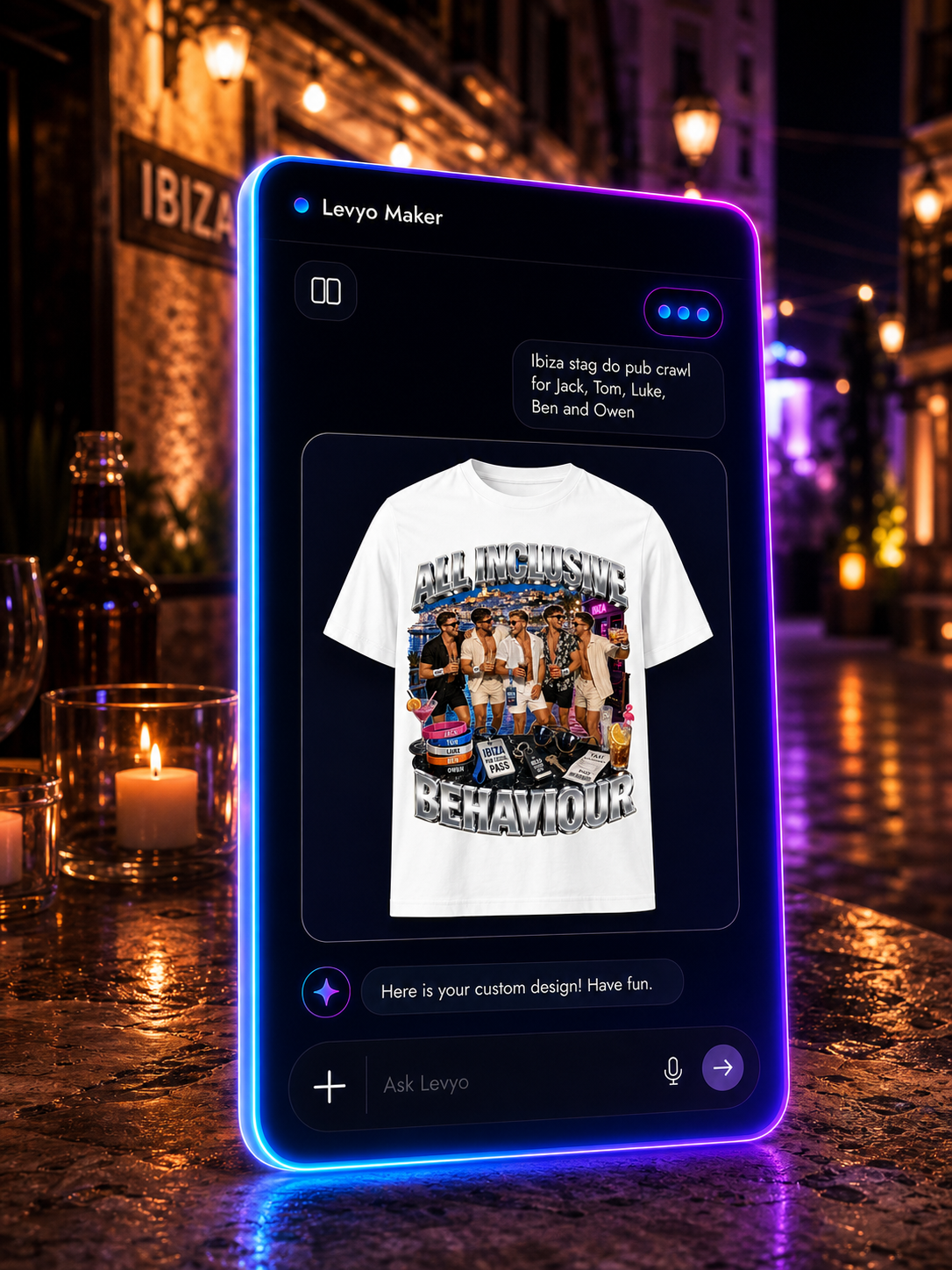 Levyo Maker result screen for stag do pub crawl t shirts