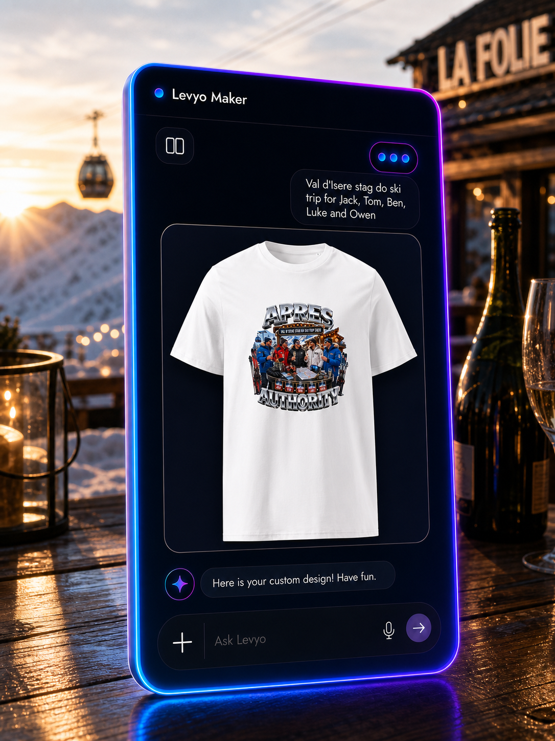 Levyo Maker result screen for stag do ski trip t shirts