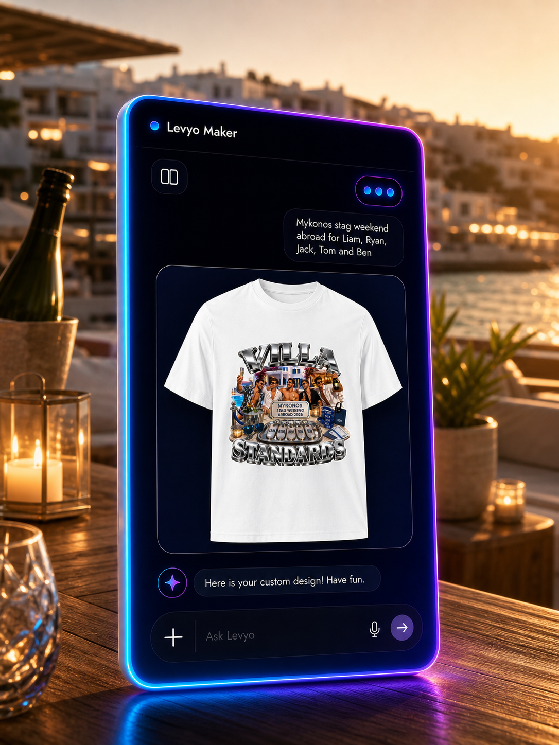 Levyo Maker result screen for stag weekend abroad t shirts