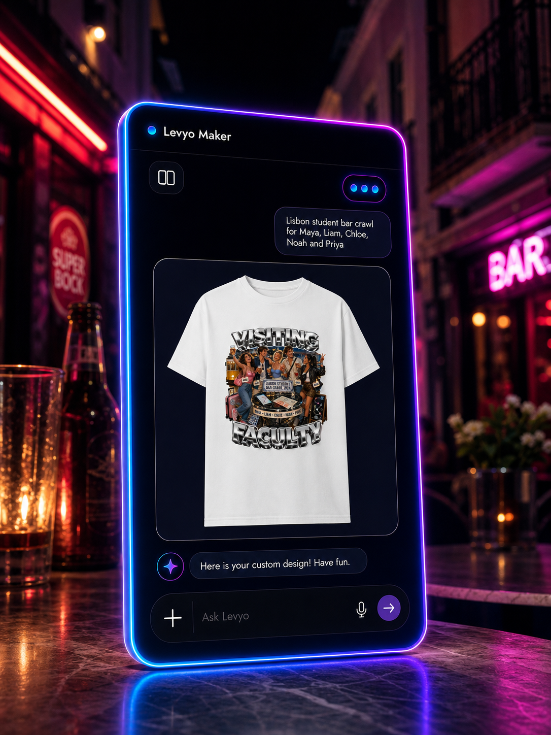 Levyo Maker result screen for student bar crawl t shirts