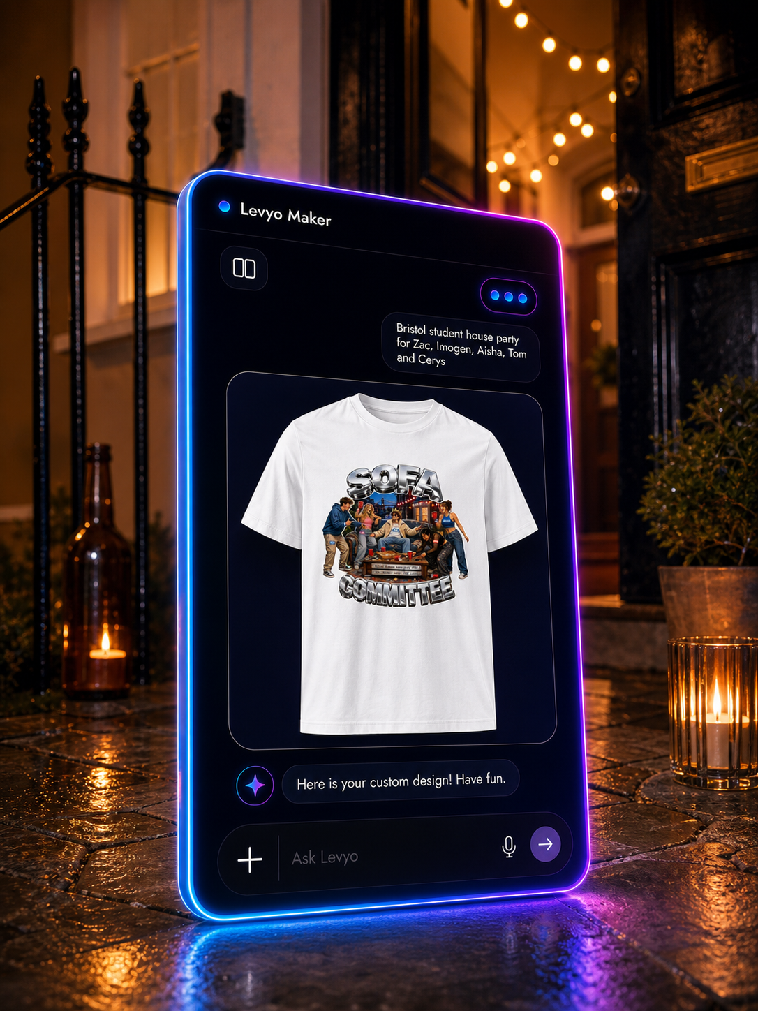 Levyo Maker result screen for student house party t shirts