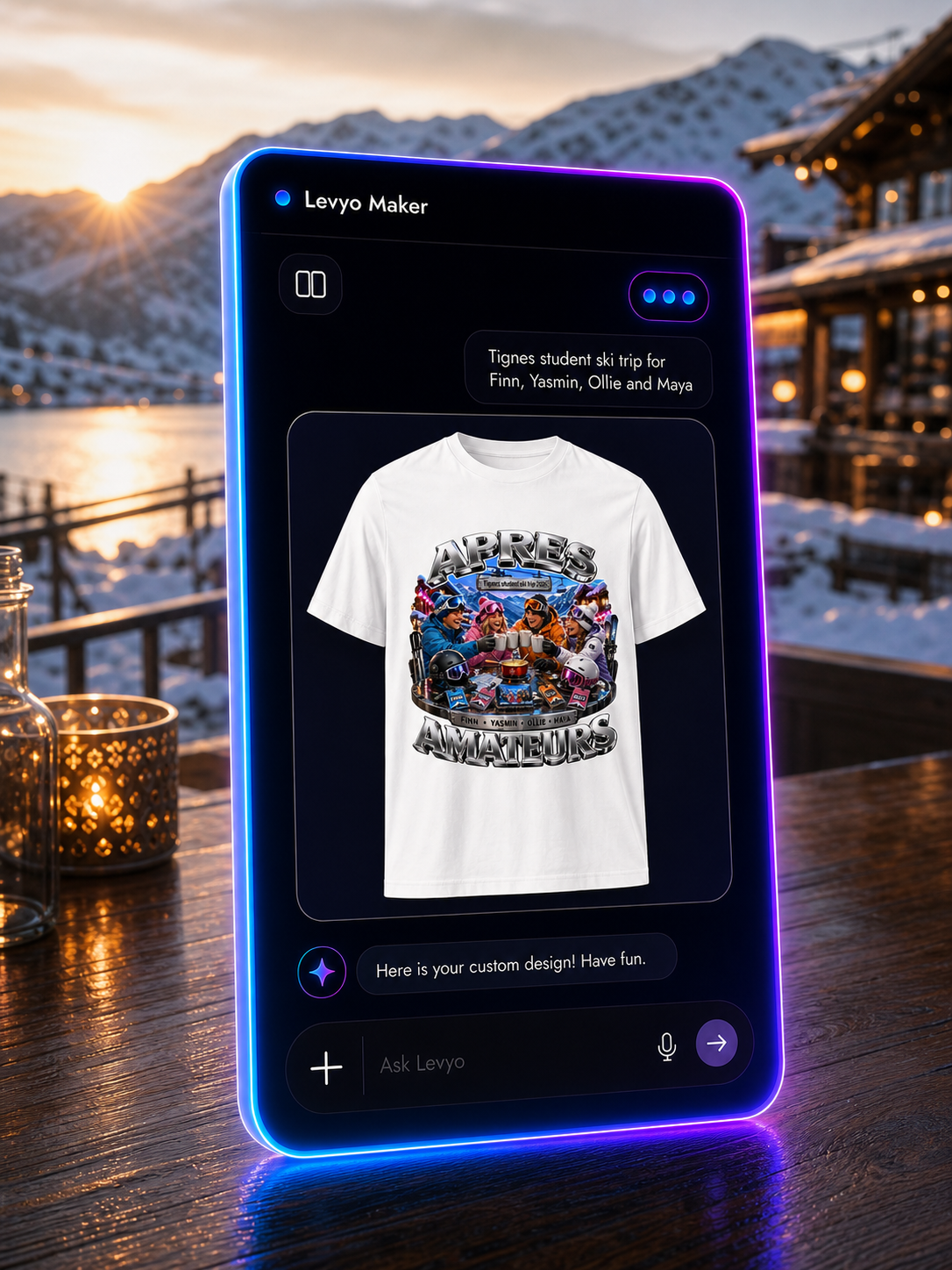 Levyo Maker result screen for student ski trip t shirts