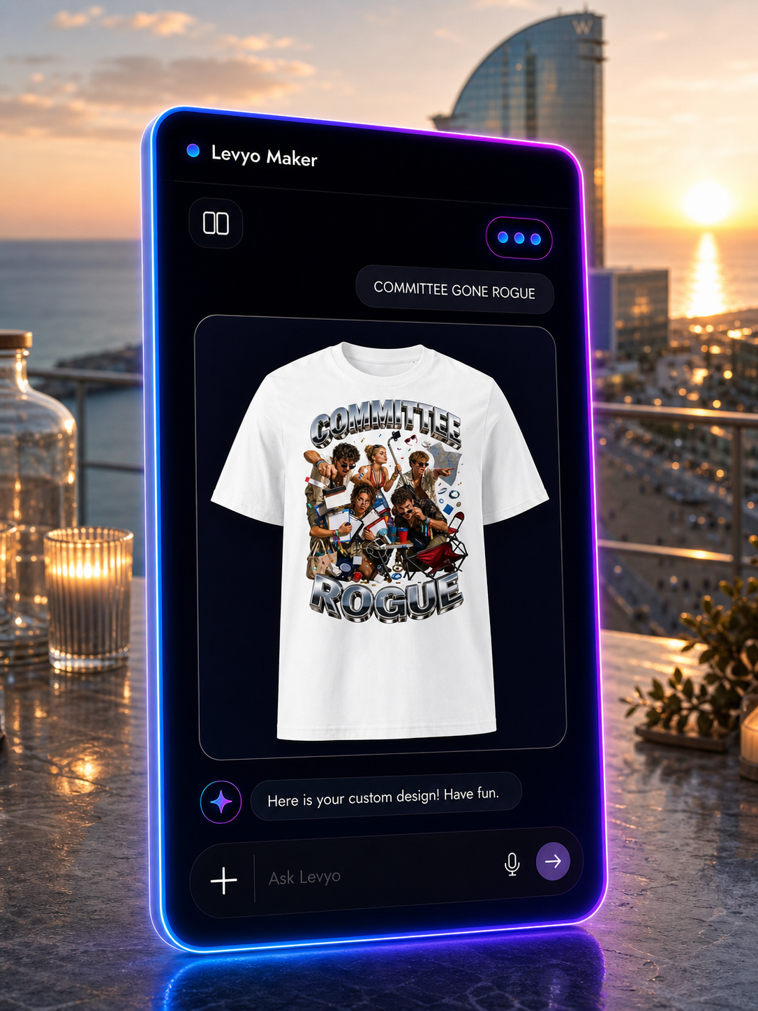 Levyo Maker result screen showing a student society shirt design preview