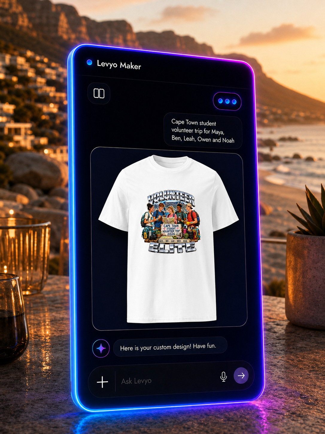 Levyo Maker result screen for student volunteer trip t shirts