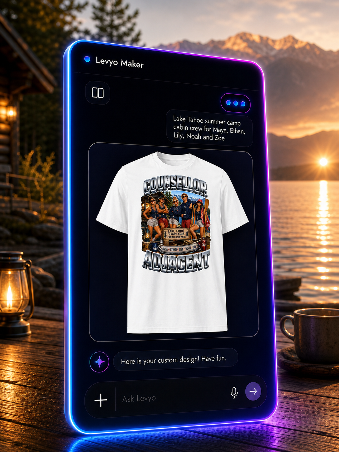 Levyo Maker result screen for summer camp cabin crew t shirts