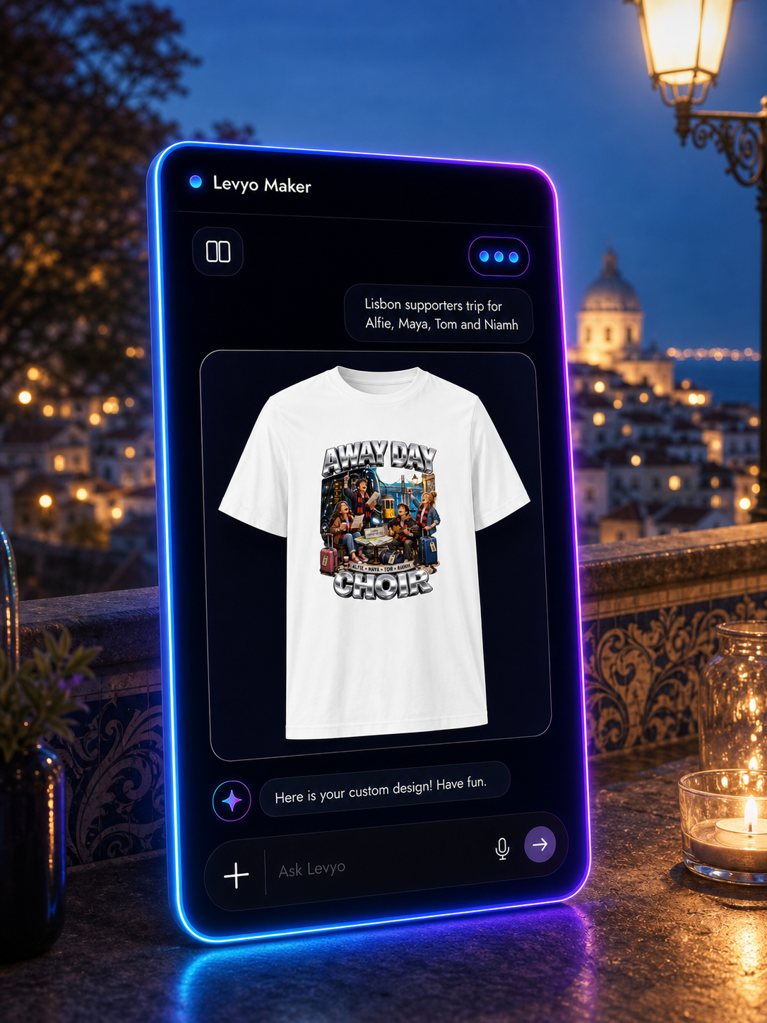Levyo Maker result screen for supporters trip t shirts