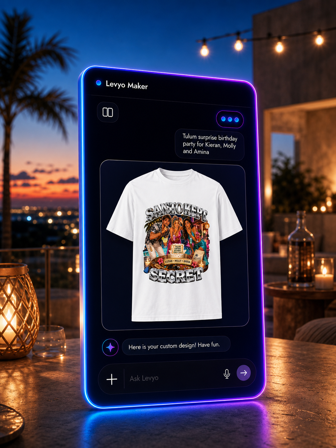 Levyo Maker result screen for surprise birthday party t shirts