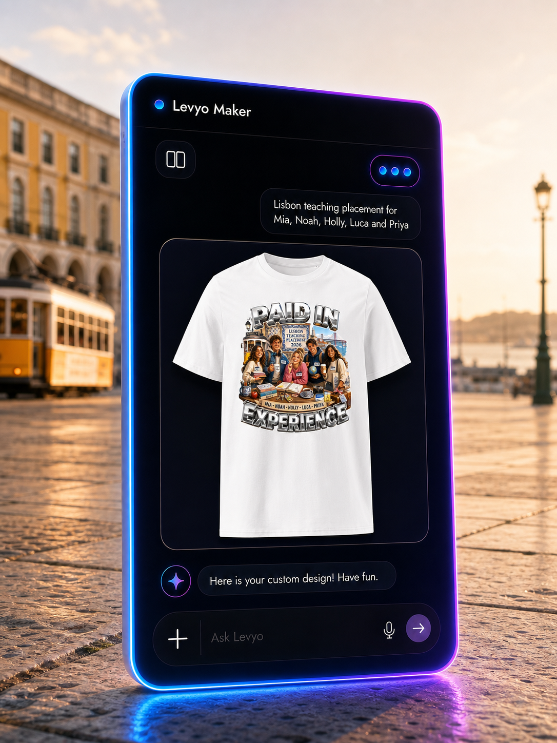 Levyo Maker result screen for teaching placement t shirts