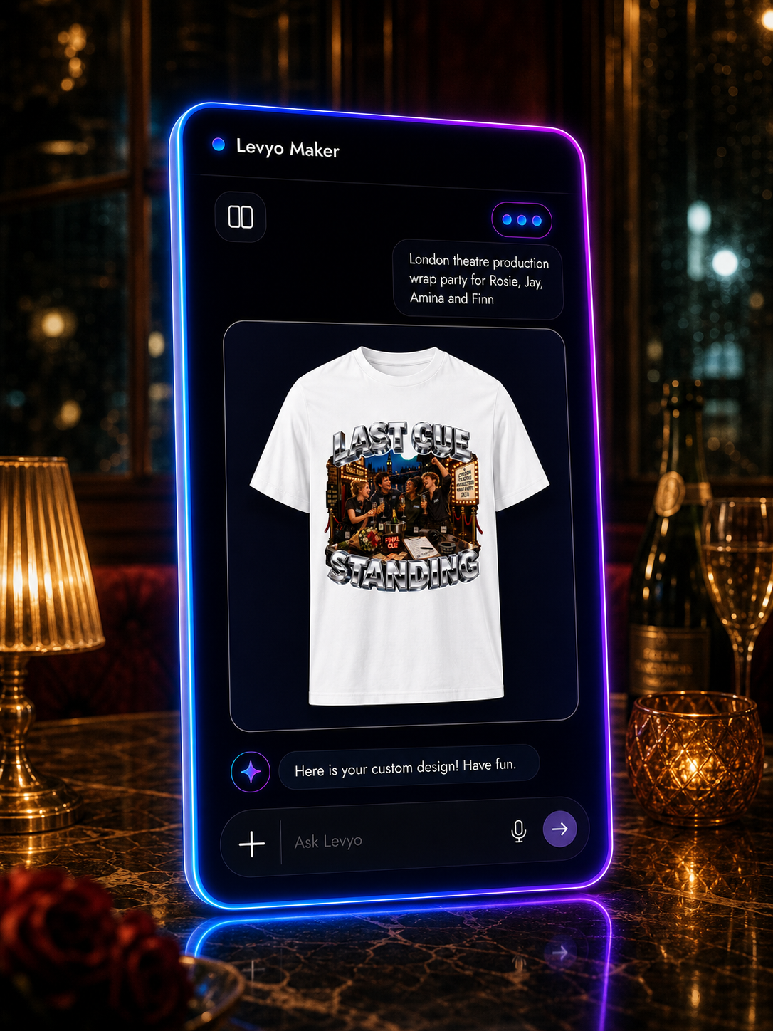 Levyo Maker result screen for theatre production wrap party t shirts