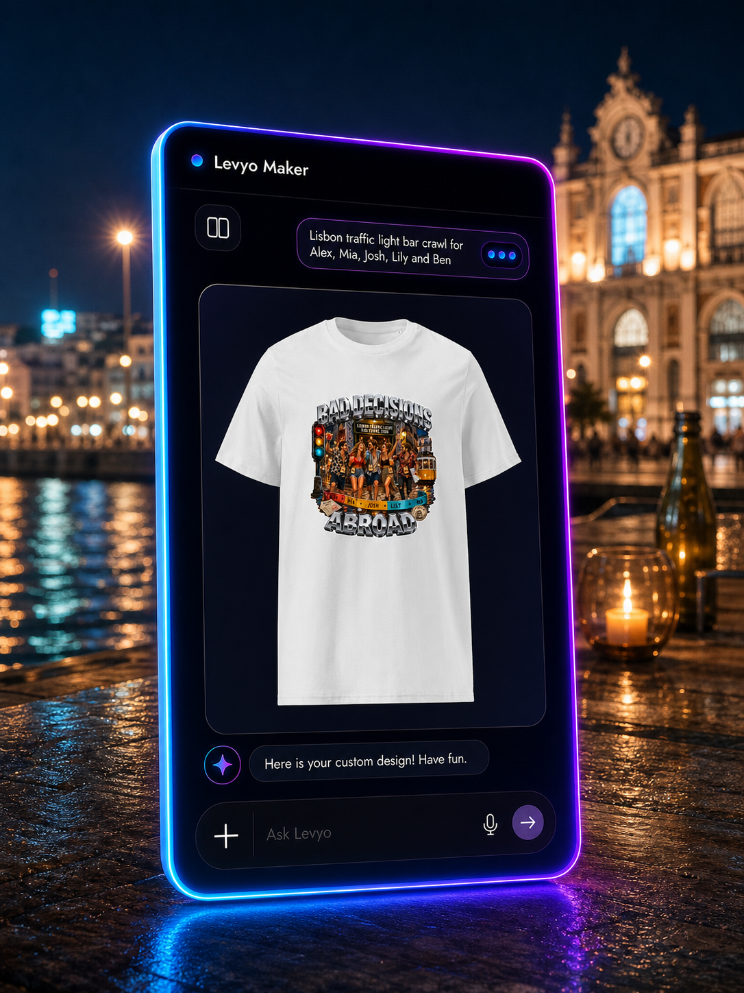 Levyo Maker result screen for traffic light bar crawl t shirts