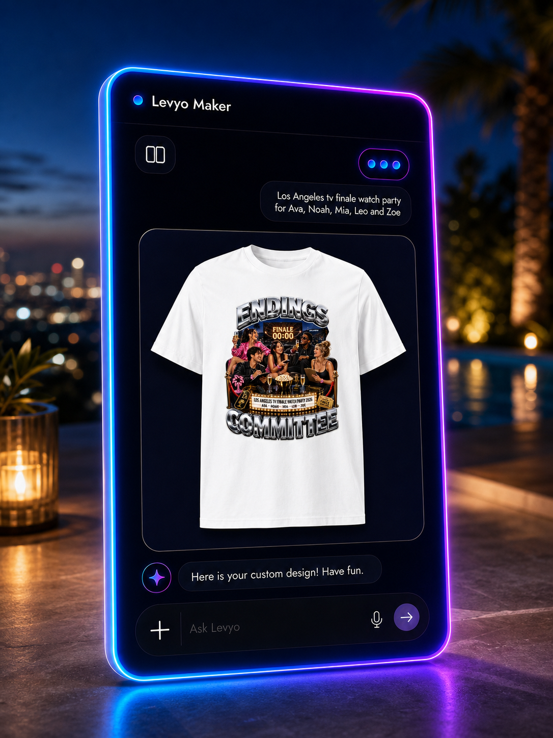 Levyo Maker result screen for tv finale watch party t shirts