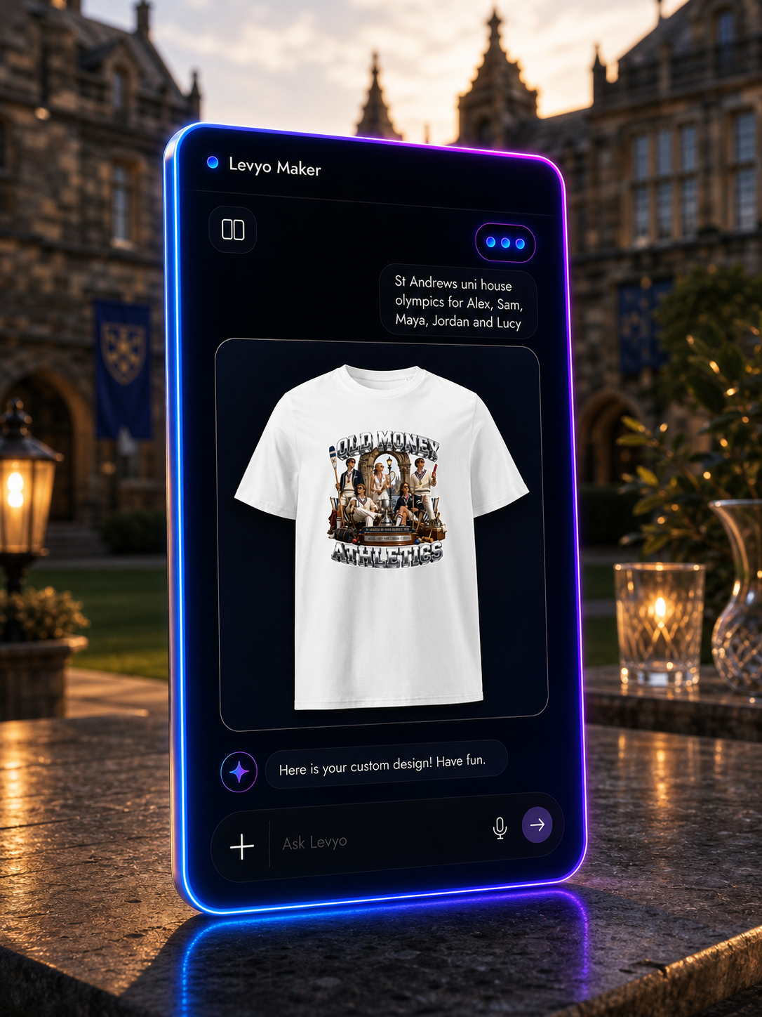 Levyo Maker result screen for uni house olympics t shirts