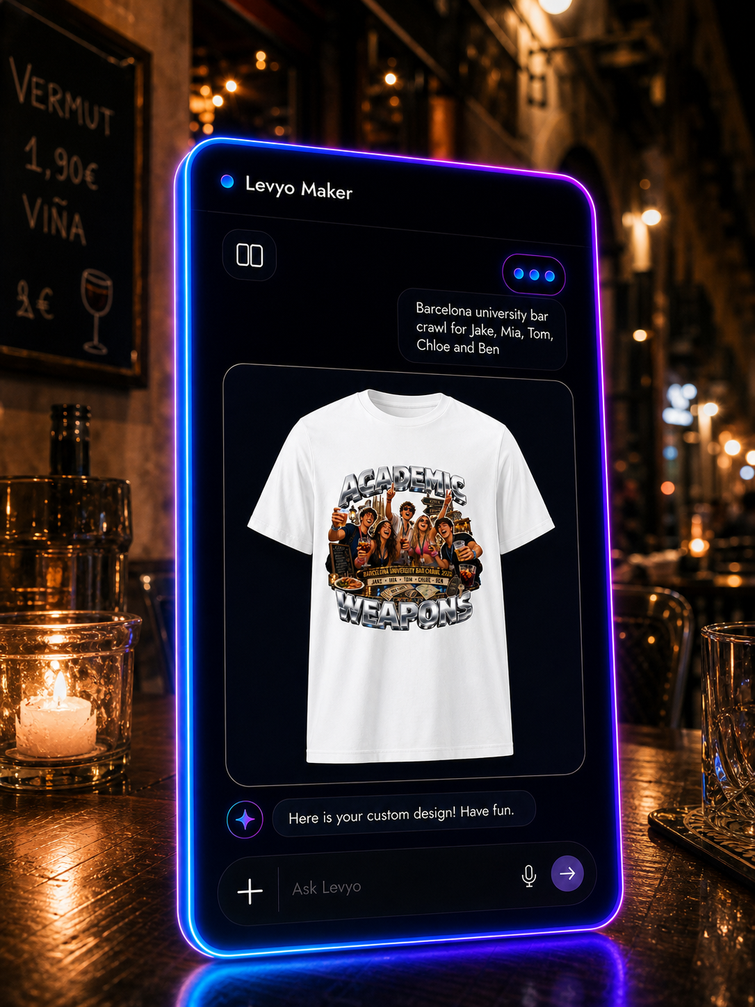 Levyo Maker result screen for university bar crawl t shirts