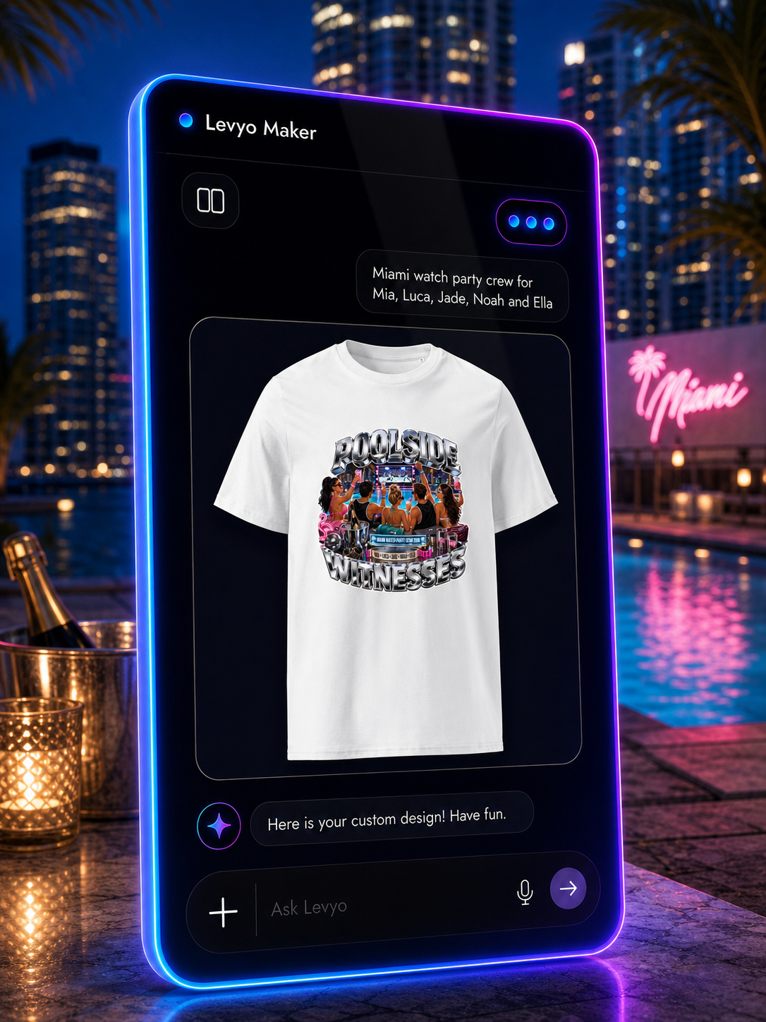 Levyo Maker result screen for watch party crew t shirts