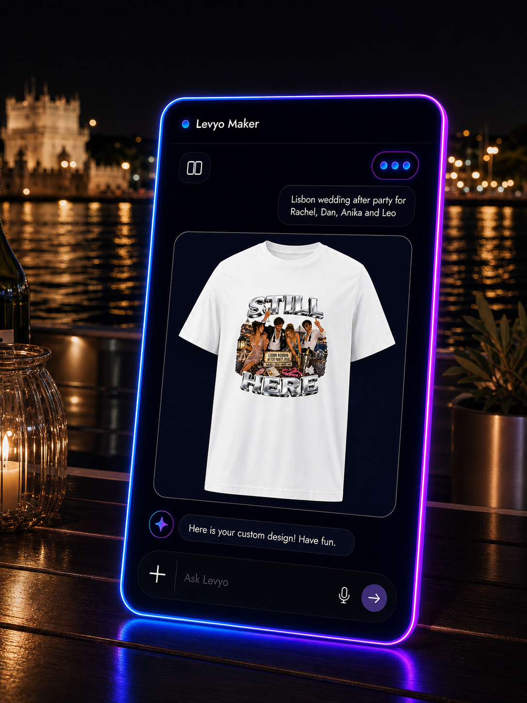 Levyo Maker result screen for wedding after party t shirts