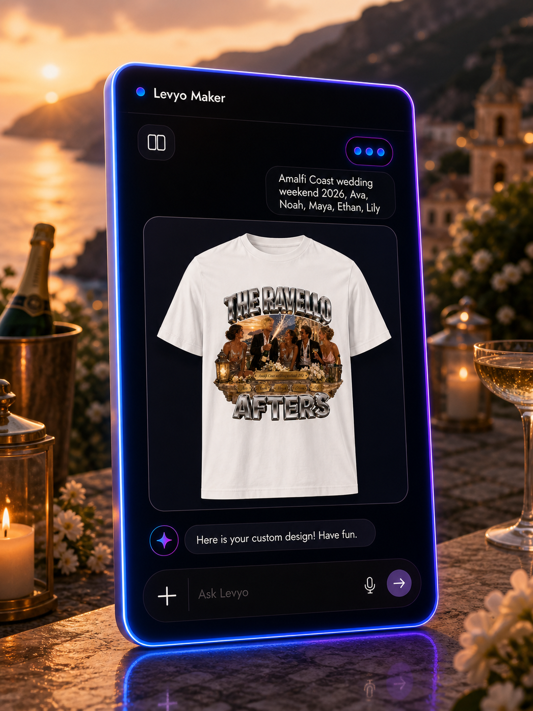 Levyo Maker result screen showing a wedding weekend shirt design preview