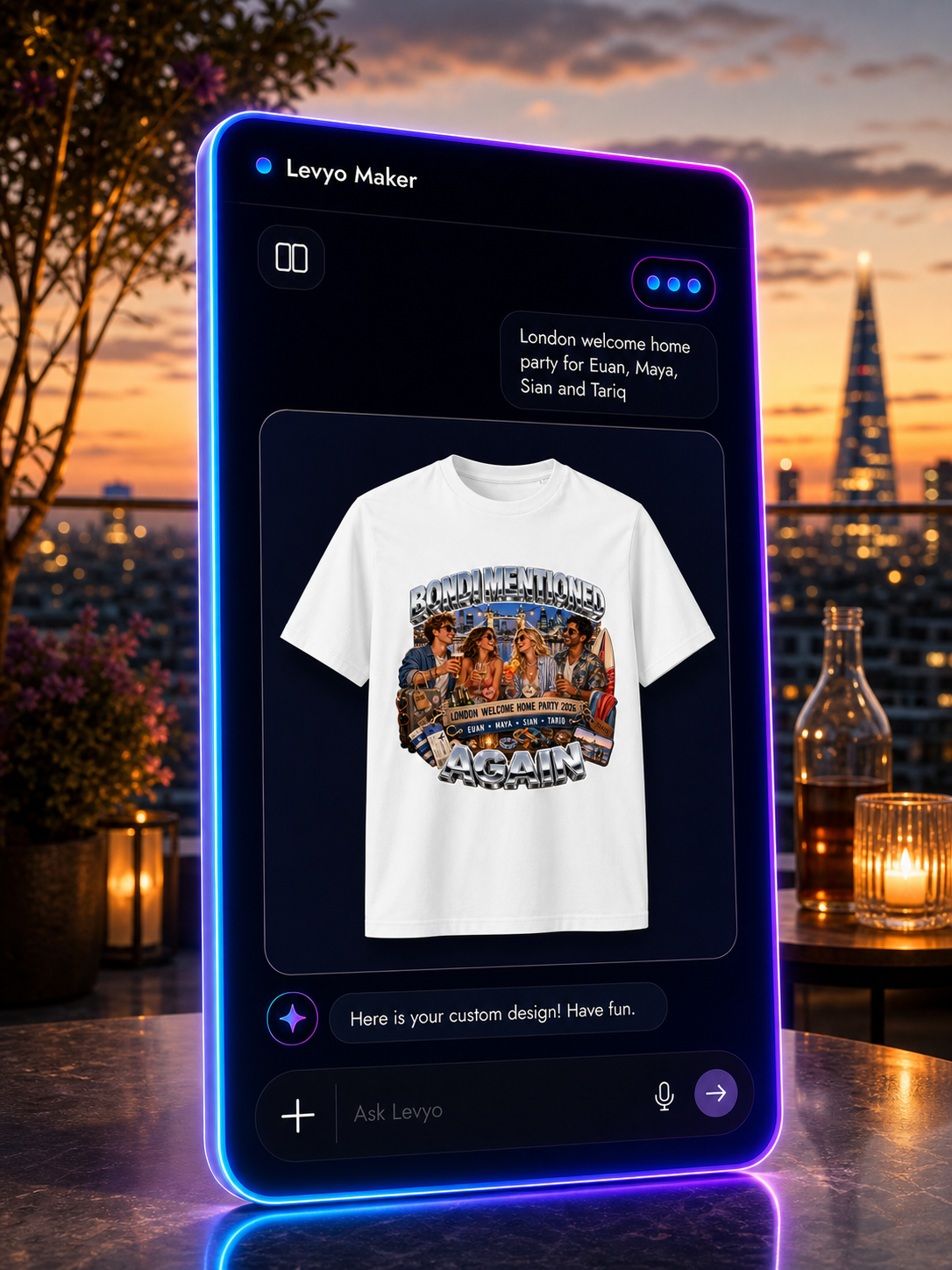 Levyo Maker result screen for welcome home party t shirts