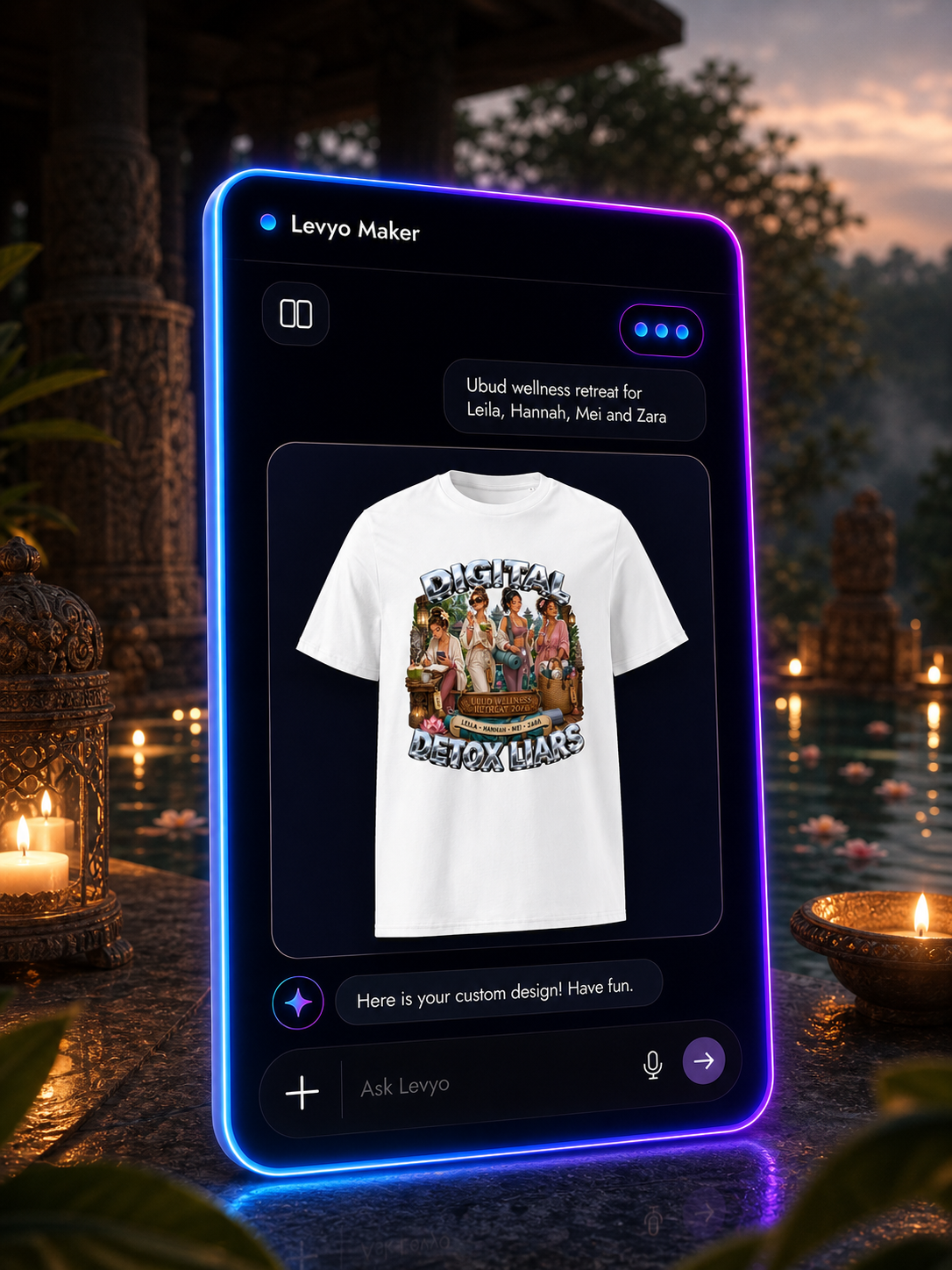 Levyo Maker result screen for wellness retreat t shirts