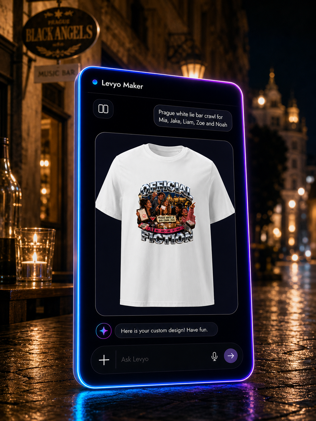 Levyo Maker result screen for white lie bar crawl t shirts