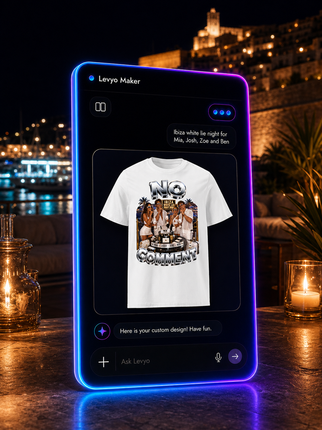 Levyo Maker result screen for white lie night t shirts