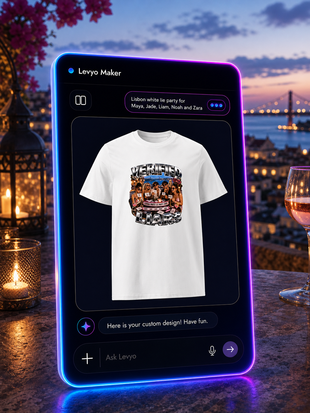 Levyo Maker result screen for white lie party t shirts