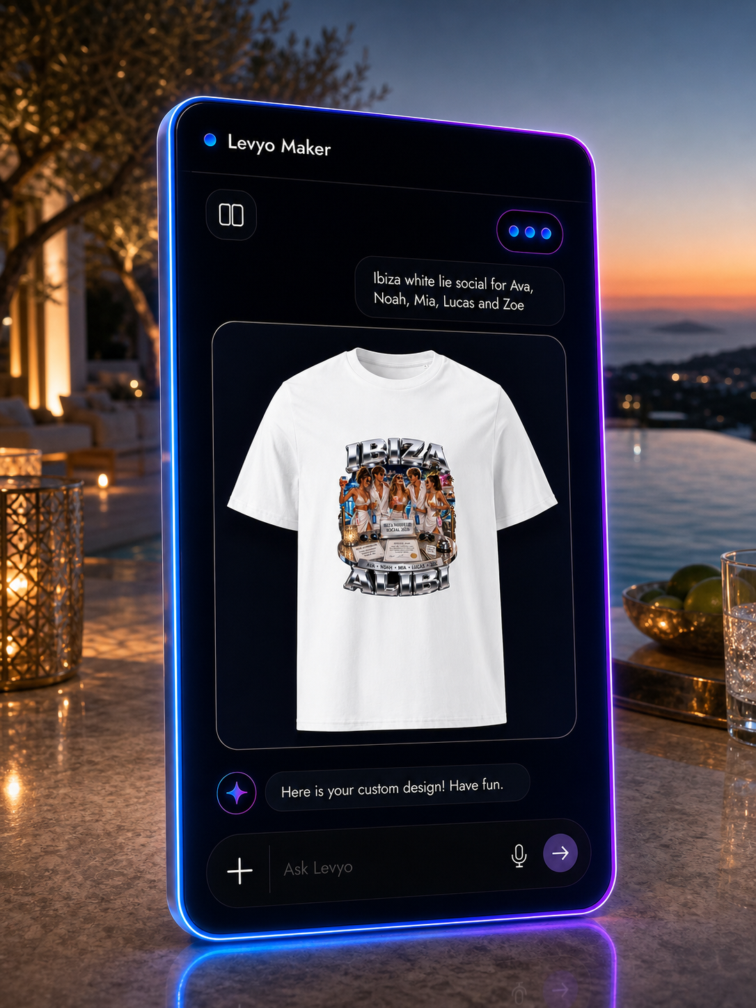 Levyo Maker result screen for white lie social t shirts