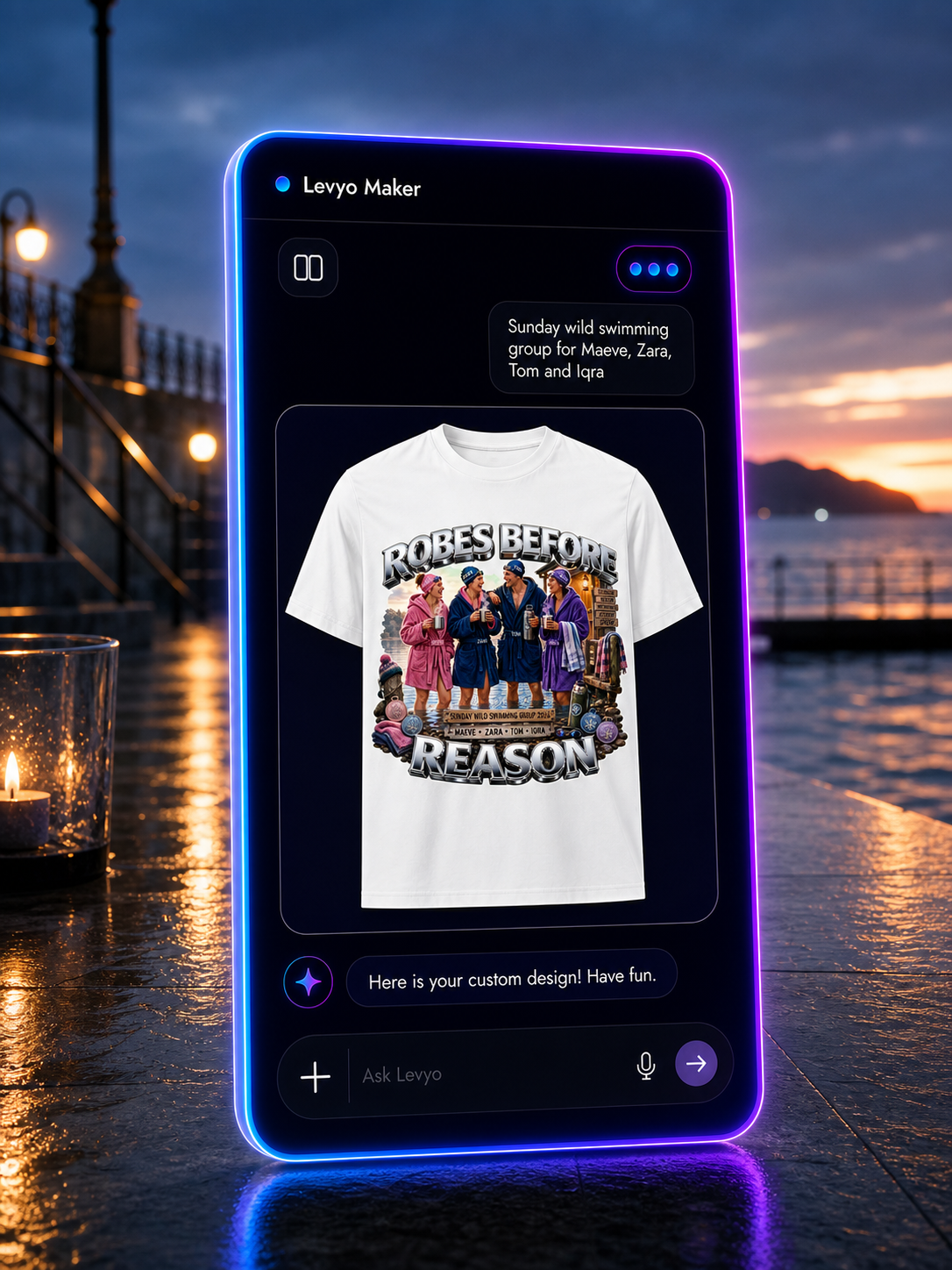 Levyo Maker result screen for wild swimming group t shirts