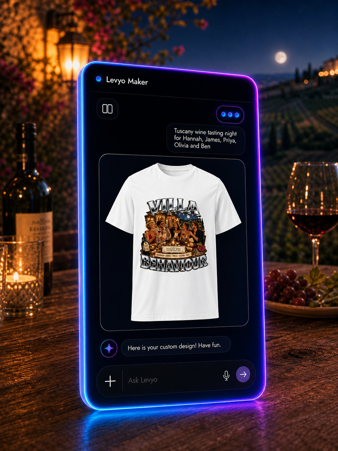 Levyo Maker result screen for wine tasting night t shirts